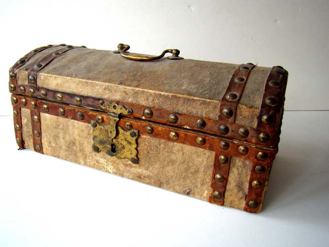 A charming early 19th century American leather covered valuables box circa 1810